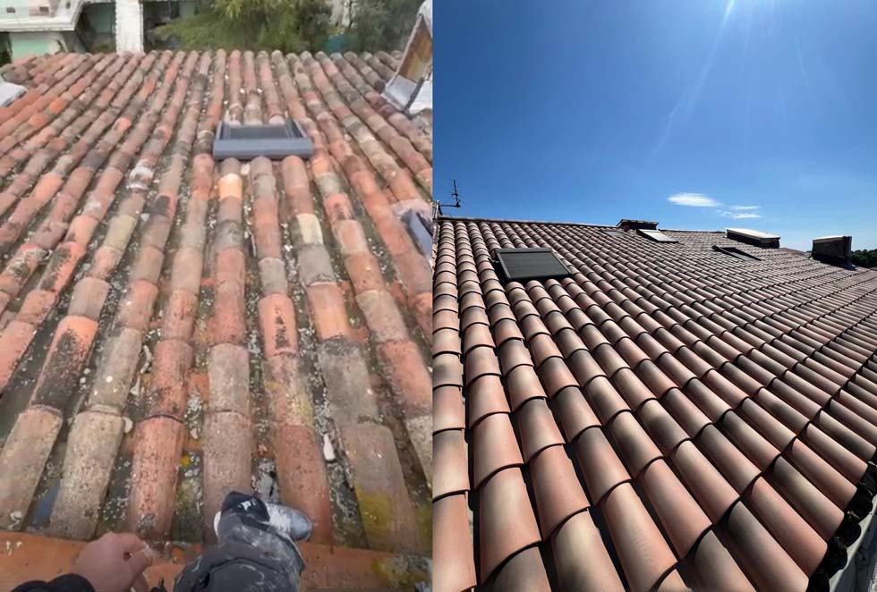 Toiture en tuiles anciennes avec un avant / après